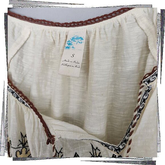 Cream Peasant Style Boho Top w/ Embroidery n' Tie (S) by C KEER - Picture 5 of 6